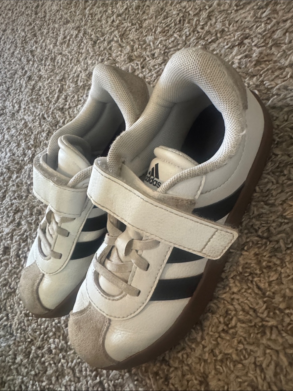 adidas Kids White Sneakers with Black Stripes and Brown Gum Sole